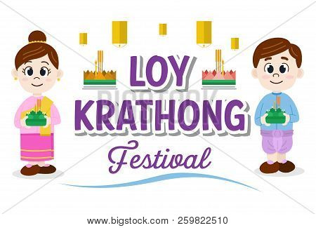 Thai Boy And Girl In National Costume Holding Decorated Baskets. 
Loy Krathong Background. Thailand 
