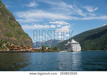 Aurlandsfjord, Flam, Norway - 27 July, 2018: Cruise Liner Moored In Harbour At Flam Village, Aurland