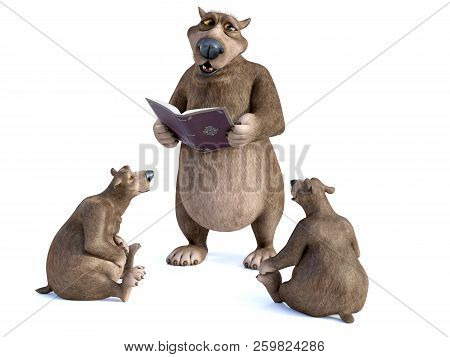 3D Rendering Of Cartoon Bears Having A Storytime.