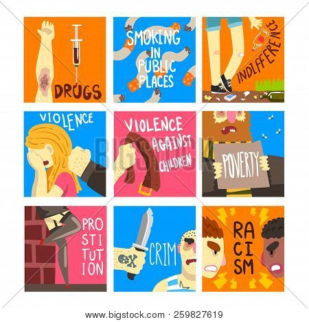 Social Problems Set, Banner Templates About Indifference, Drugs, Smoking In Public Places, Violence,