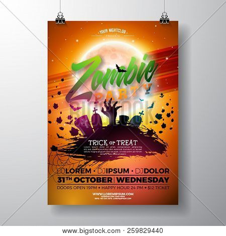 Halloween Zombie Party Flyer Illustration With Cemetery And Mysterious Moon On Orange Background. Ve