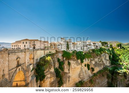 Ronda, Province Of Malaga, Spain. Tajo De Ronda Is A Gorge Carved By Guadalevin River. Famous Bridge
