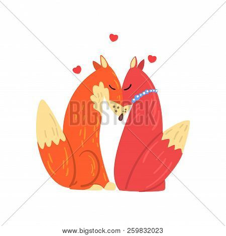Couple Of Red Foxes In Love, Two Happy Wild Aniimals With Hearts Over Their Head Vector Illustration