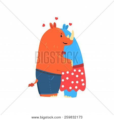 Couple Of Rhinoceroses In Love Embracing Each Other, Two Happy Aniimals Hugging Vector Illustration 