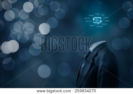 Translator Professional, Language Course And Multilingual Person Concept. Person With Symbol Of Tran