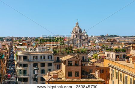 View Of The Roofs Of Houses And Via Condotti In Rome City From Trinita Dei Monti Church, Rome, Italy