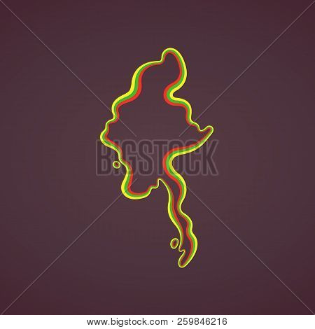 Outline Map Of Myanmar Marked With Ribbon In Colors From The Flag.