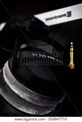 Beyerdynamic Circumaural Head Phones Over Black Background, For Mixing, Mastering, Monitoring (close