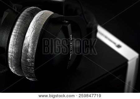 Beyerdynamic Circumaural Head Phones Over Black Background, For Mixing, Mastering, Monitoring (close