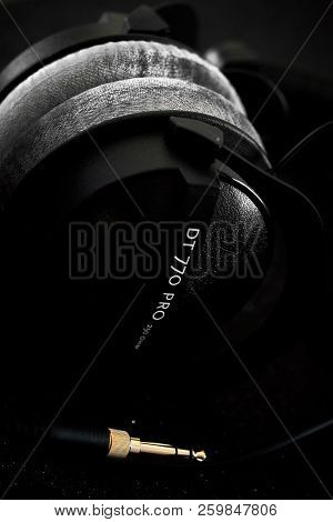 Beyerdynamic Circumaural Head Phones Over Black Background, For Mixing, Mastering, Monitoring (close