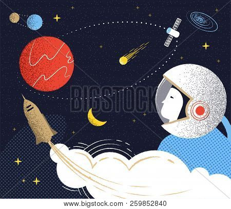 Flight To Mars. Illustration In Rerto Style.
