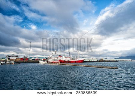 Reykjavik, Iceland - October 13, 2017: Ship In Sea Port. Boat Travel. Ship A Sea. Ship Acoustic Navi
