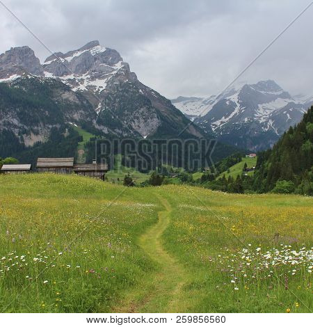 Foot Path Leading Towards Gsteig Bei Gstaad And Mountains Schlauchhorn And Oldenhorn, Switzerland.