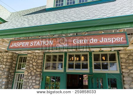 Jasper, Canada - July 5, 2018: Entrance Sign At The Jasper Train Station In Jasper, Alberta, Canada