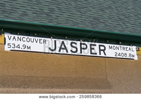Jasper, Canada - July 5, 2018: Railroad Sign At The Jasper Train Station In Jasper, Alberta, Canada