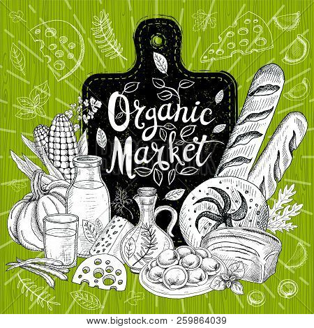 Organic Market, Logo Design, Healthy Food Shop. Vegetables, Fruits, Meat, Milk, Eggs, Bread. Organic