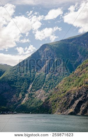 Majestic Mountains And Calm Water Of Fjord, Aurlandsfjord, Flam Aurlandsfjorden , Norway