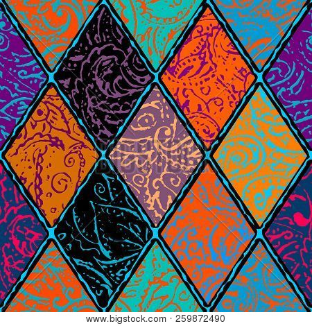 Grunge Paisley Pattern In Collage Patchwork Style.