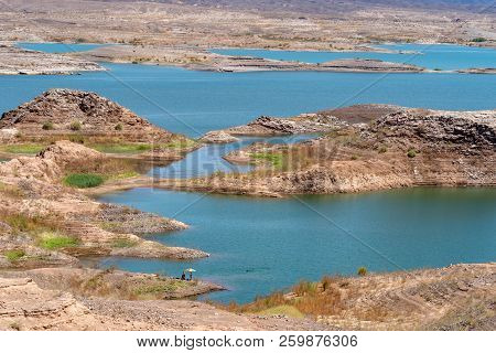View Of Lake Mead On A Sunny Day From Above. This Is A Man Made Lake In The Lake Mead National Recre