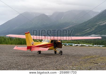 August 11 2018 - Mccarthy, Alaska: An Airplane For Wrangell Mountain Air Sits At The Mccarthy Airpor