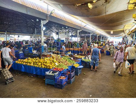 Bodrum, Turkey - July 6, 2018. Citizens shopping in Bodrum market, Kapali Pazar Yeri, at downtown. Mugla Province, Turkey.