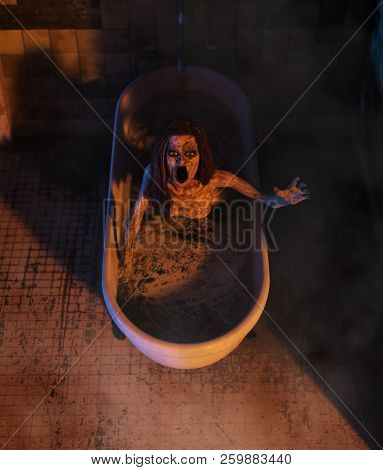 Ghost Woman In Bathtub,horror Concept 3d Illustration