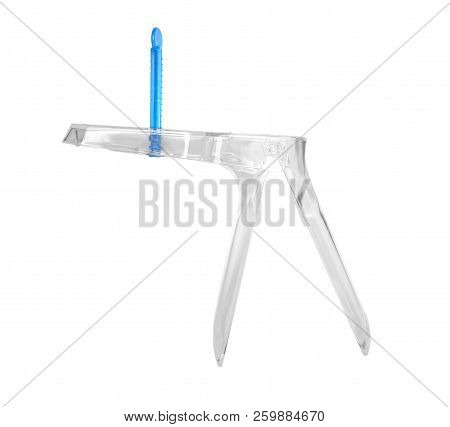 Vaginal Speculum On White Background, Top View. Medical Treatment
