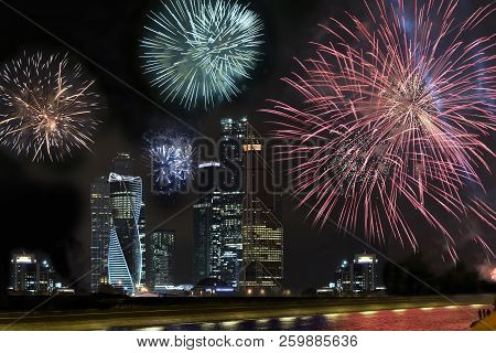 Chinese New Year Celebration, Night Fireworks Show Among Scyscrapers