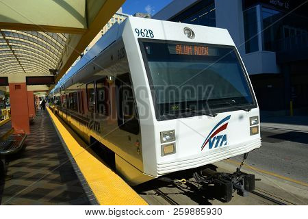 San Jose, Ca, Usa - Mar. 12, 2014: Vta Light Rail At Convention Center Station In Downtown San Jose,