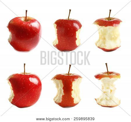Set Of Delicious Red Apples With Bite Marks On White Background