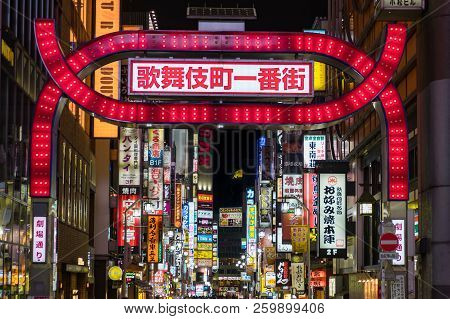 Tokyo, Japan - 16 Feb 2018: Arch At The Main Entrance Of Kabukicho Entertainment And Red-light Distr