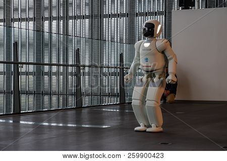 Tokyo, Japan - 21 Feb 2018: Asimo Honda Robot Performing Show In Miraikan National Museum Of Emergin