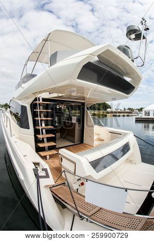 NORWALK, CT, USA-SEPTEMBER 20, 2018: Ferretti Yachts 450 displayed by Allied Marine on  Progressive Norwalk Boat Show 2018.