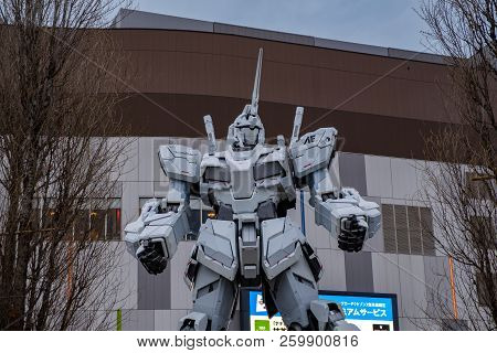 Tokyo, Japan - 21 Feb 2018: Gundam Moving Robot Statue In Odaiba Performing Show