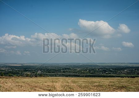 Summer Landscape With Fields, Meadows And Cloudy Sky