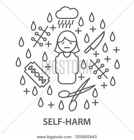 Linear Banners For Self-harm Disorder. Mental Health Selfharm Template Vector Illustration