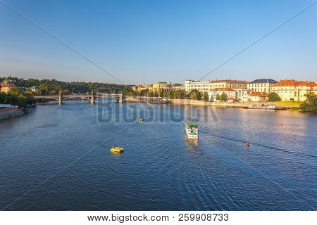View To Vitava River From Charles Bridge In Prague, Beautiful Summer Day