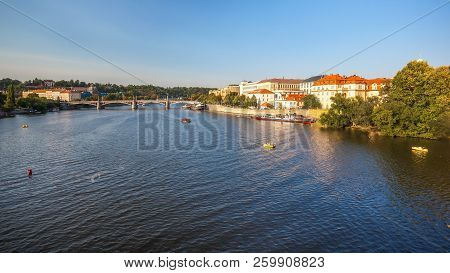 View To Vitava River From Charles Bridge In Prague, Beautiful Summer Day