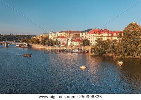View To Vitava River From Charles Bridge In Prague, Beautiful Summer Day