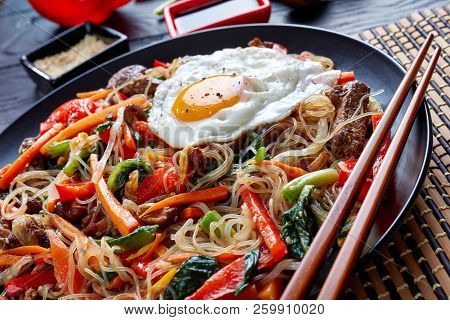 Korean Sweet An Sour Japchae: Stir Fried Noodles With Vegetables, Beef And Shiitake Mushrooms, Toast