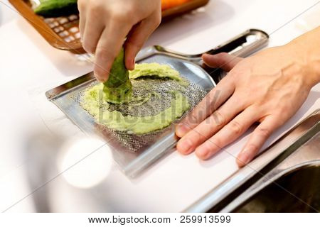Sushi Chef Grating Fresh Wasabi, Fresh Wasabi Root Prepare For Nigiri Sushi