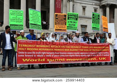 London, Uk - July 6, 2016: Sunni Muslims Protest Against Radical Sects In Islam In London. Wahabism 