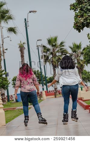 Two Chubby Girls With Inline Skates In The Park