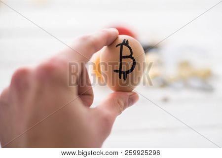 Egg With Logo Bitcoin In Hand. The Concept Of Crypto-currency.