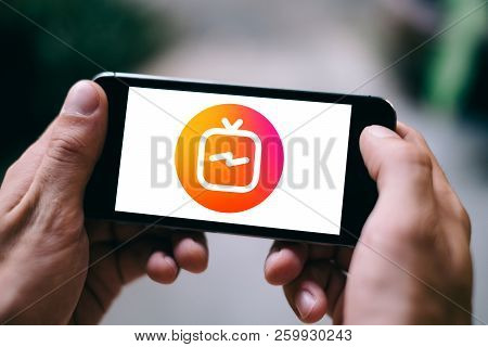 Closeup Of Smartphone Screen With Instagram Tv Or Igtv Logo Or Icon