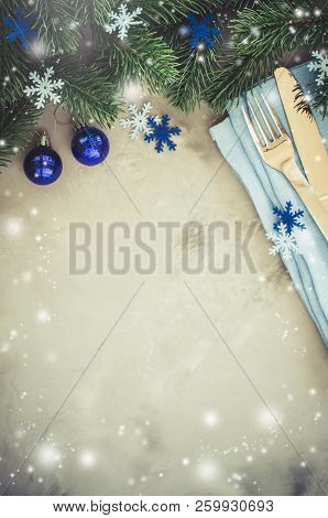 Background For Writing The Christmas Menu. Winter Table Setting. Christmas Tree, Cutlery And Blank P