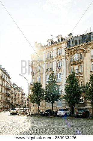 Strasbourg, France - Aug 25, 2017: View Of Old Ornamental Buildings On Cobblestone Square In Bright 