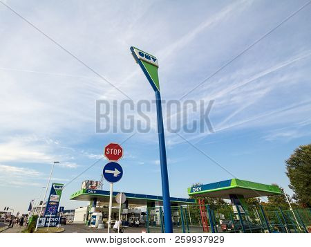 Belgrade, Serbia - September 20, 2018: Logo Of Omv On One Of Its Gas Stations Of Belgrade. Omv Is An