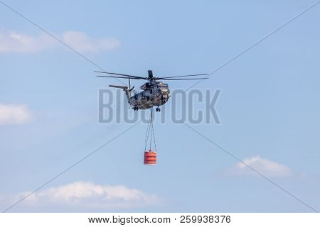 Berlin / Germany - June 28, 2018: Sikorsky S-65, Ch-53 Transport Helicopter From Bundeswehr Flies Wi