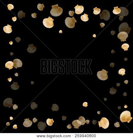 Gold Seashells Vector, Golden Pearl Bivalved Mollusks. Aquatic Scallop, Bivalve Pearl Shell, Marine 